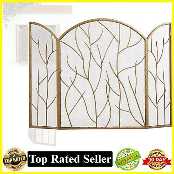 25x12x31" Gold Metal Tree Arched 3 Panel Fireplace Screen Branch Inspired Design