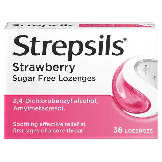 Strepsils Strawberry Sugar Free Sore Throat Lozenges 36 Pack