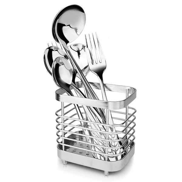 Pluzluce Kitchen Cutlery Utensil Holder Rack Stainless Steel, Cooking Utensil and Gadgets Stand, Caddy Storage Organizer for Knives and Spoon, Spatula, Tong, Flatware Silverware Dinner Forks Silver