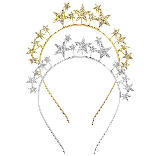 2 PCS Star Halo Crown Gold Silver Headband,Star Headpiece Rhinestone Wedding Headdress Halo Crowns for Women Girls, Party Wedding Festival Hair Accessories