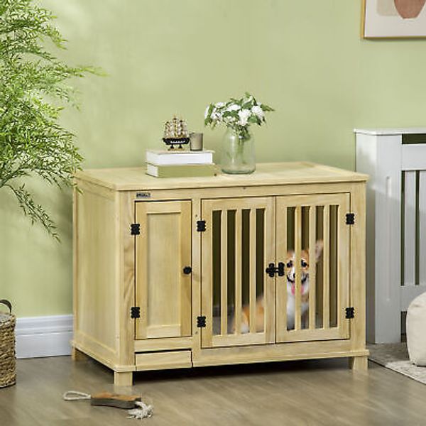 PawHut Dog Crate Furniture with Cushion, Wood Dog Kennel End Table, Natural