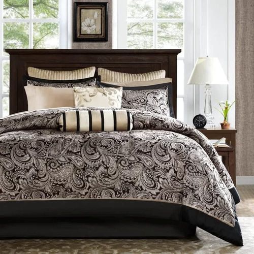 12 Piece Beautiful Embroidered Paisley Jacquard Black Comforter Set Queen Size | All Season Bed-In-A-Bag Extra Soft Cozy Feel Modern Fresh Appearance | Cool Aesthetic Bedding Bright Gold Black Color