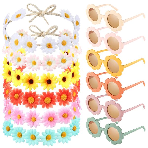 Groovy Retro Flower Sunglasses Headbands Party Favors Daisy Flower Costume Accessories Set 60s 70s Party Gifts for Kids (12 Pcs)