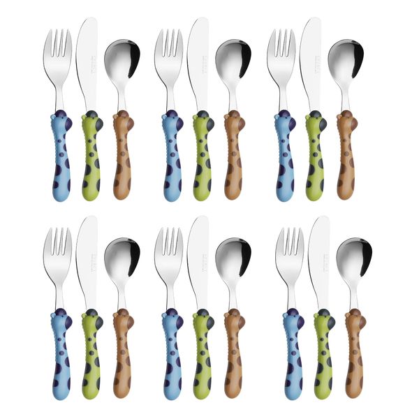 Exzact Children's Cutlery Stainless Steel 18pcs Set/Kids Cutlery/Toddler Utensils/Flatware - 6 x Forks, 6 x Safe Dinner Knives, 6 x Dinner Spoons