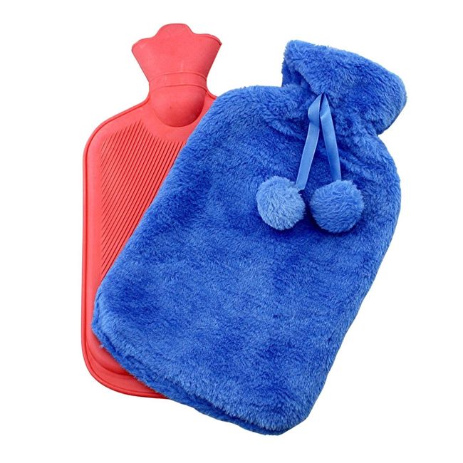 Rubber Hot Water Bottle with Soft Plush Fleece Cover 2000ml (67 fl. oz) Blue