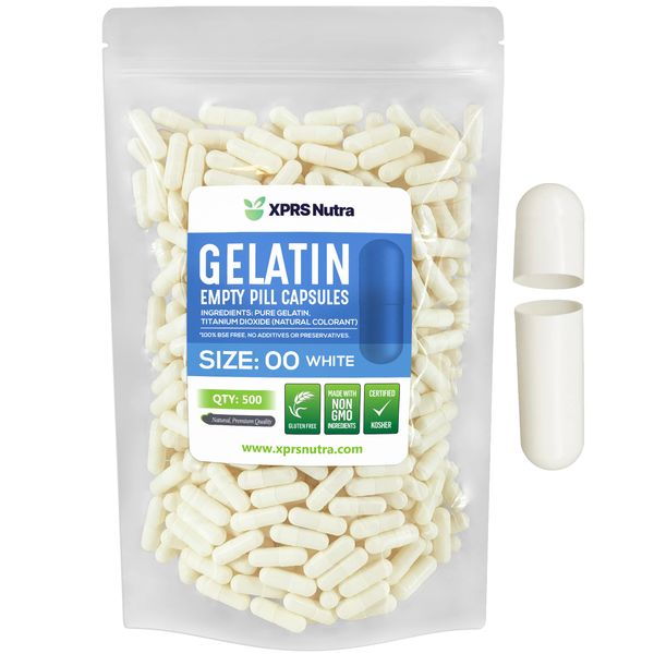 XPRS Nutra Size 00 Empty Capsules - 500 Count Empty Gelatin Capsules - Empty Pill Capsules - DIY Capsule Filling - Fillable Pill Capsules Empty Gel Caps (White)