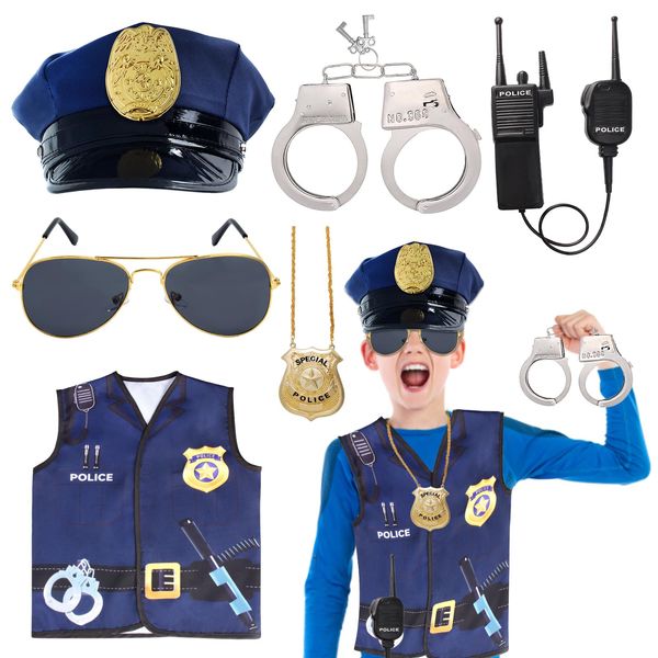 Keymall Kids Police Officer Costume Set 6 Pcs Including Cop Hat Vest Sunglasses Badge Walkie Talkie for Pretend Play Dress Up (Set D)