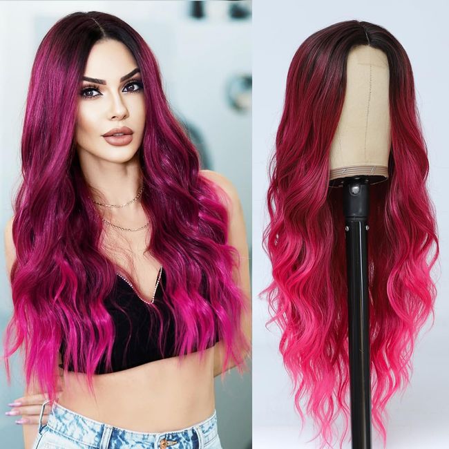 Veally Long Hot Pink Wavy Wig for Women 26 Inch Middle Part Curly Wavy Wig Natural Looking Synthetic Heat Resistant Fiber Wig for Daily Halloween Cosplay Party Use (26 Inch, Ombre Pink Red)