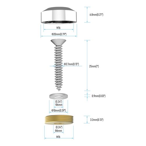 FOCMKEAS 4 PCS 20mm(0.79") Mirror Screws, Brass Decorative Caps Cover Fasteners, Metal Mirror Nails, Polished Beveled Silver Lid (Bright Silver)