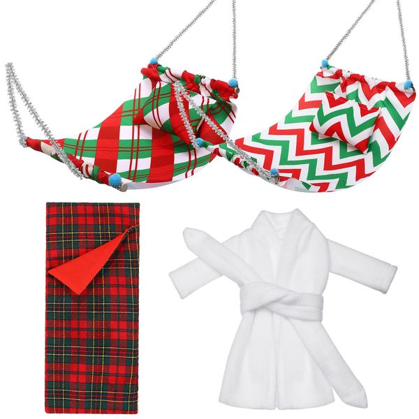 Zomiboo 4 Pieces Christmas Elf Doll Accessories Set Includes 2 Pieces Christmas Elf Hammock and 1 Elf Doll Bathrobe and 1 Red Green Plaid Sleeping Bag for Xmas Presents Decorations Play(Elegant)