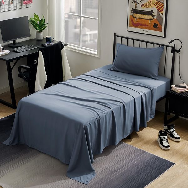 SLEEP ZONE Nanotex Super Soft Cooling Twin Bed Sheets Set for Kids 3 Piece - Easy Care Fitted Flat Sheet & Pillowcase Sets - Wrinkle Free, Fade Resistant, Deep Pocket 16" (Flint Blue, Twin)