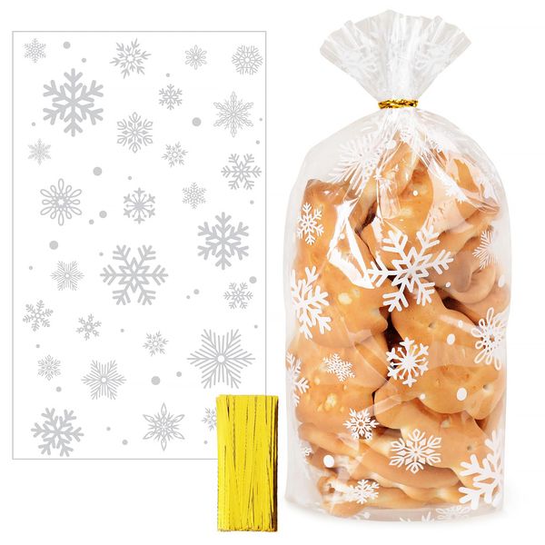 100 Stück Plätzchentüten Weihnachten, Schneeflocke Kekstüten Weihnachten Transparente Cellophantüten für Candy Bar, Süßigkeiten, Bonbons & Plätzchen mit Twist Krawatten