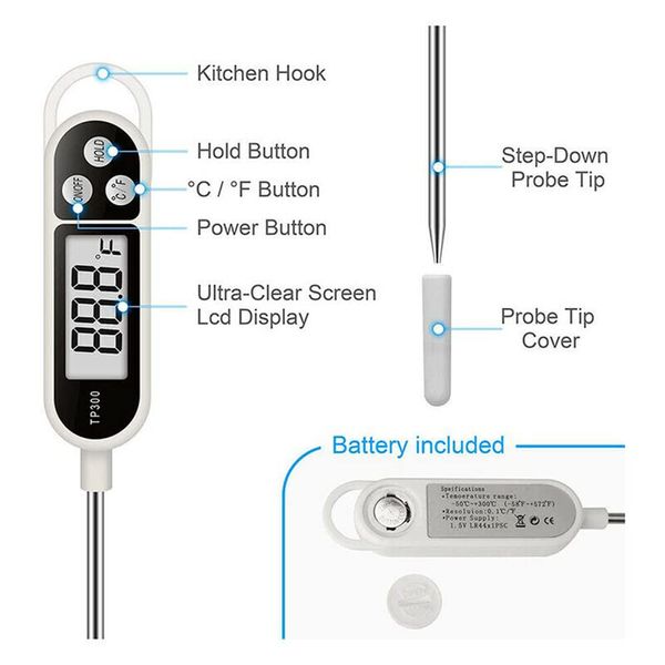 Nartel® Cooking Thermometer, Digital Meat Food Thermometer Instant Read Long Probe Auto Off LCD Screen Kitchen Thermometers for BBQ, Meat, Sugar, Milk, Water, Jam, Grill (Battery Included)