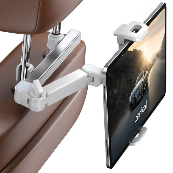 Lamicall Car Headrest Tablet Holder - [Extension Arm] Upgrade Adjustable Tablet Car Mount for Back Seat, Road Trip Essentials for Kids, for 4.7-11" Device like iPad Pro, Air, Mini, Galaxy, Fire, White
