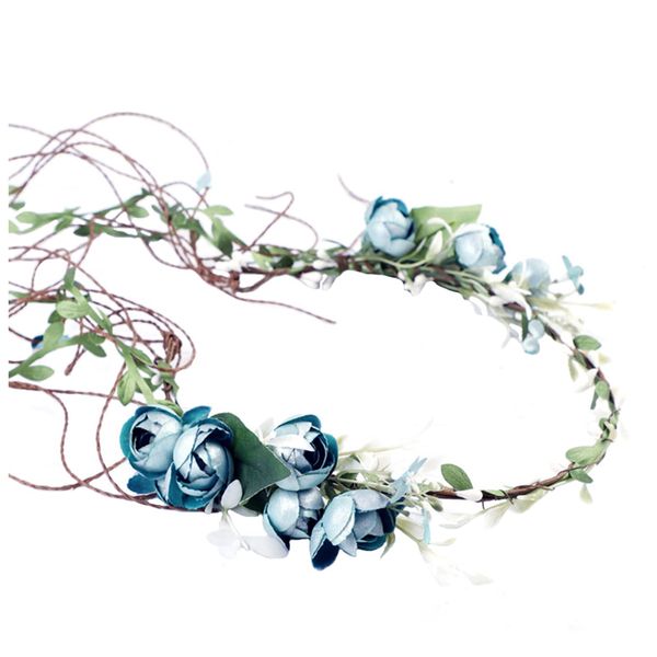 Flower Crown Headband Rose Wreath Garland Hair Bands Floral Wedding Bridal Hair Hoop Women Ladies Leaf Vine Party Decoration Headdress Headwear Christmas Handmade Headpiece Hair Accessories Blue