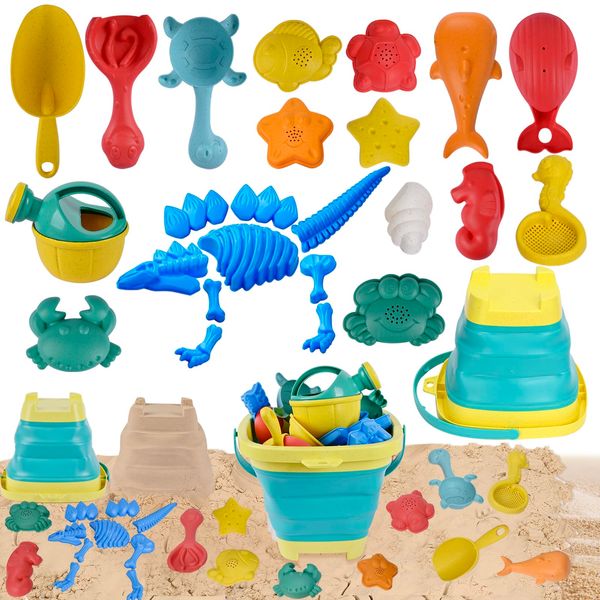 Huanuoda Sand Toys for Kids, Beach Toys Set, 25PCS Dinosaur Beach Toys Set with Collapsible Beach Bucket, Travel Beach Toys Sand Molds, Rake, Sandbox Toys, Sand Castle Building Kit for Toddlers