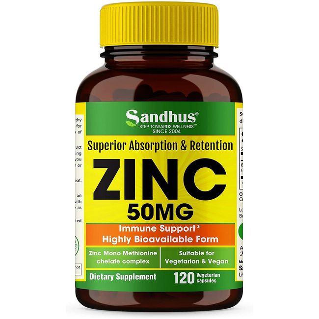 Zinc 50mg -Zinc Methionine 120 Vegetarian Capsules-Immune Health,Restful Sleep