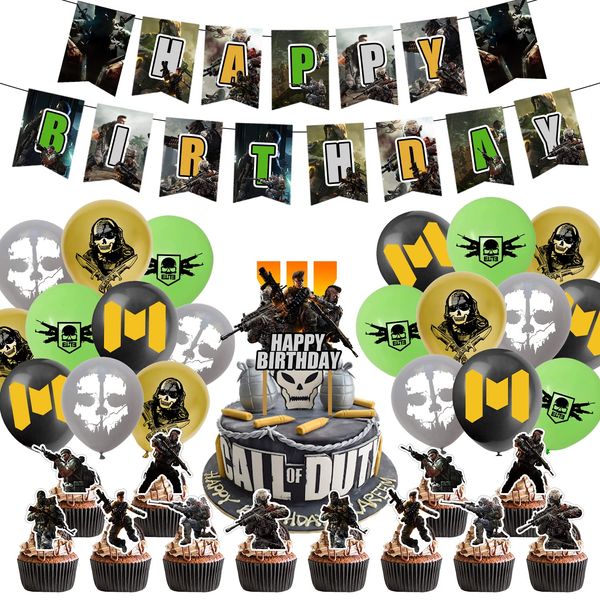 Gaming Call Party Supplies Boy of Duty Birthday Party Decorations,Set Include Banner Balloons Cake Tops