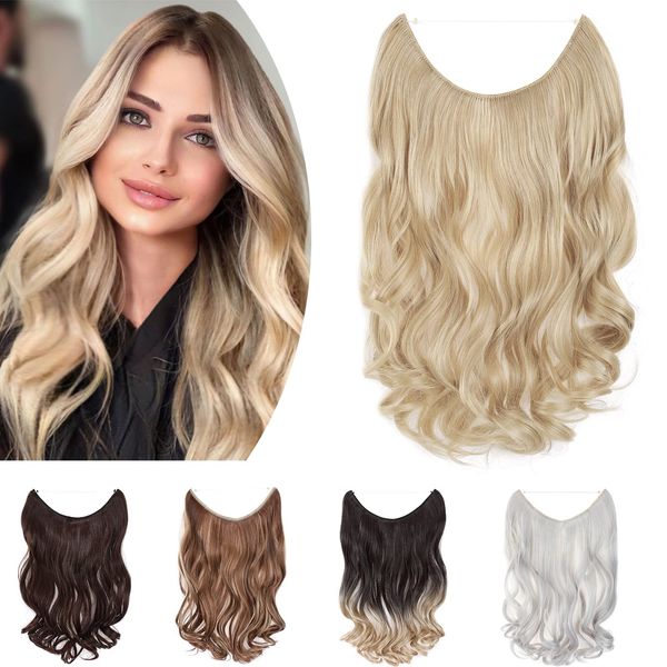 One Piece Wire In Hairpieces Matte Material Invisible Hair Extension Synthetic Wavy For Women Beauty, 20 Inch, Golden Mix Bleach Blonde