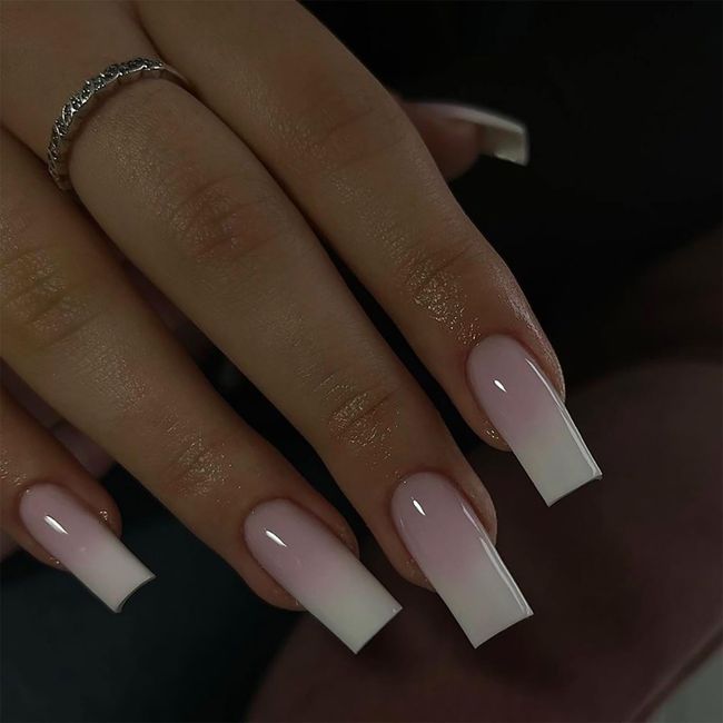 24pcs Long Coffin False Nails French Tip Stick on Nails Ballerina Press on Nails White Pink Ombre Fake Nails Removable Glue-on Acrylic Full Cover Nails Women Girls Nail Art Accessories