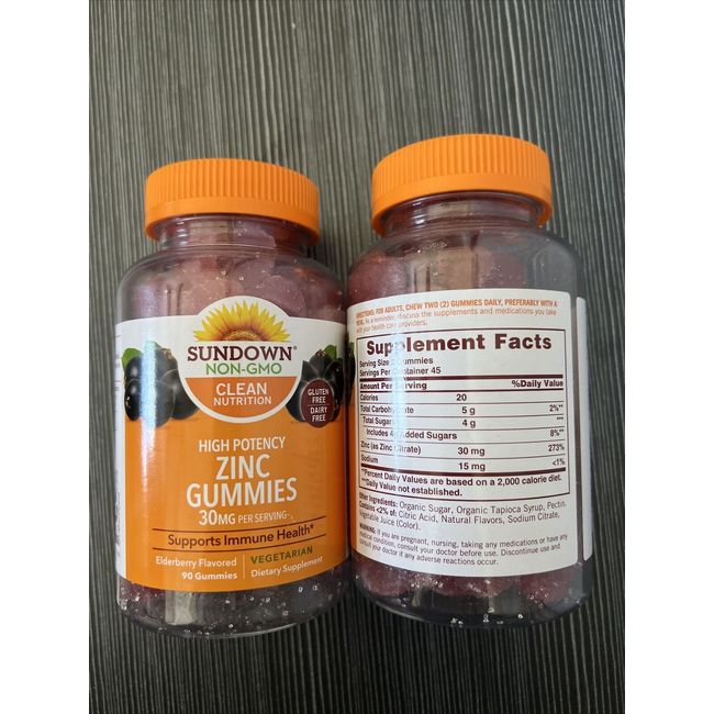 2X Sundown  Non-GMO Clean Nutrition High Potency 30MG Zinc Gummies 90 Ct