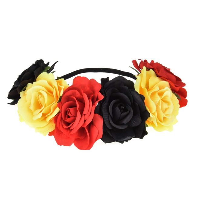 June Bloomy Rose Floral Crown Garland Flower Headband Headpiece for Wedding Festival (Black Yellow Red)