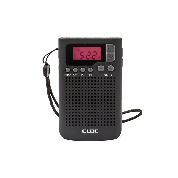 ELBE RF-93 Digitales Taschenradio, AM/FM-Radio, Speicher für 20 Sender, Wecker, eingebauter Lautsprecher, Schlaf-/Schlummerfunktion, LCD-Bildschirm, Clip zur Befestigung, schwarz