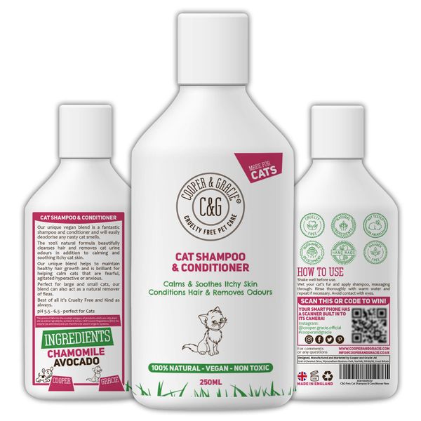 Cat Shampoo & Conditioner - Ideal For All Cats Skin Calms & Soothes Itchy Sensitive Skin - Conditions Hair & Removes Odours - A Natural Remover Of Flea And Ticks, White