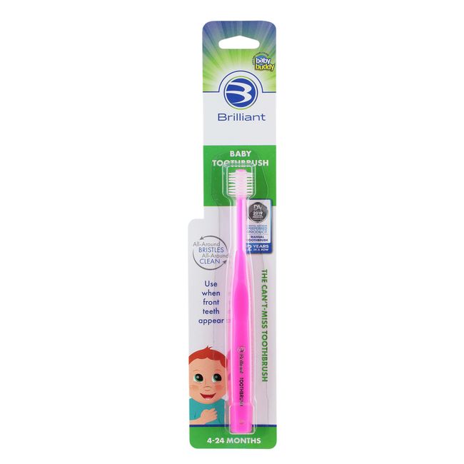 Brilliant Baby Toothbrush by Buddy - for Ages 4-24 Months, Micro Bristles Clean All-Around Mouth,1Count, Toddler Infant Toothbrush, Oral Cleaner, use with or Without Toothpaste, Pink, 00570P