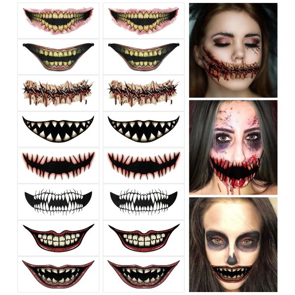 16PCS Halloween Prank Makeup Temporary Tattoos for Adults, Clown Horror Mouth Face Tattoo Stickers Decals for Halloween Cosplay Party DIY Decorations