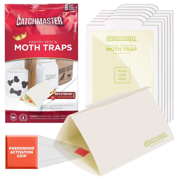 Catchmaster Pantry Pest & Moth Traps 6-Pk, Bug Killer for Kitchen Storage & Pantry Cabinet, Sticky Moth Traps for House, Protect Pet Food, Kitchen Cabinets & Pantry Storage, Pet Safe Glue Traps