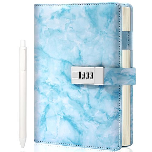 CAGIE Marble Diary with Lock for Girls and Women, Waterproof Journal with Lock 192 Pages Secret Girls Locked Diary with Pen, Password Locked Journals for Teen Girls, A5 Blue2