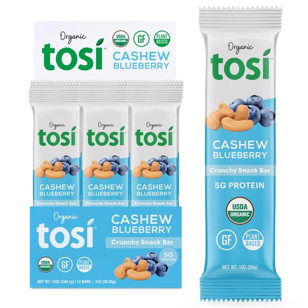 Tosi Nut Bars, 5G Protein (12 Pack, 1oz Bars), Plant Based Protein Bars, Crunchy Vegan Snacks, Blueberry Cashew Bars, Low Sugar Healthy Snacks, Gluten Free, Soy Free, Fiber, Flax & Chia Seeds