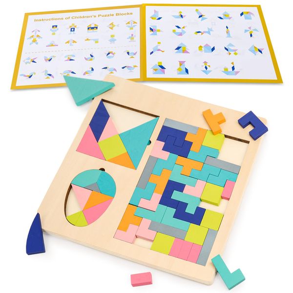 3 otters Wooden Tangram Puzzle, 3-in-1 Wooden Blocks Puzzle Brain Teasers Toy, Puzzles for Kids Ages 2-8