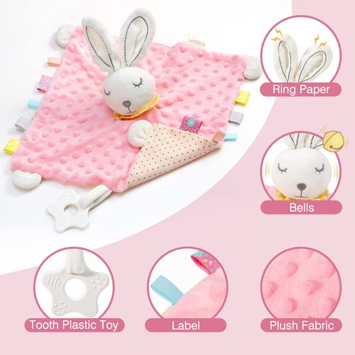 Zooawa Loveys for Babies, Security Blanket Soft Stuffed Animal Bunny Lovey Unisex Lovie Baby Stuff Snuggle Blanket with Tags Teether Bells, Soothing Plush Toys Baby Gift for Newborn, Pink Rabbit