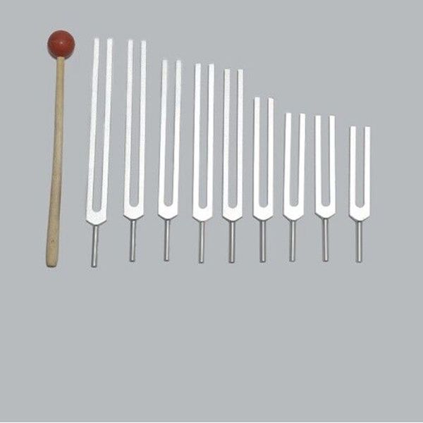 9 Sacred Solfeggio Tuning forks including 528 fork with mallet for healing