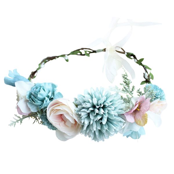 Vivivalue Boho Flower Headband Women Floral Crown Hair Wreath Flower Headpiece Halo with Ribbon Wedding Party Festival Photos Blue