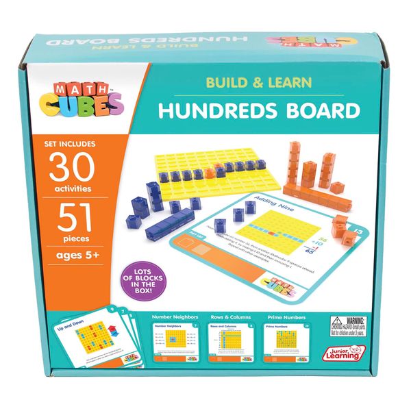 Junior Learning: Mathcubes - Hundreds Board - 30 Activity Set, Build & Learn, Blocks & Boards Hands On Math, Developmental & Education Set, Kids Ages 4+