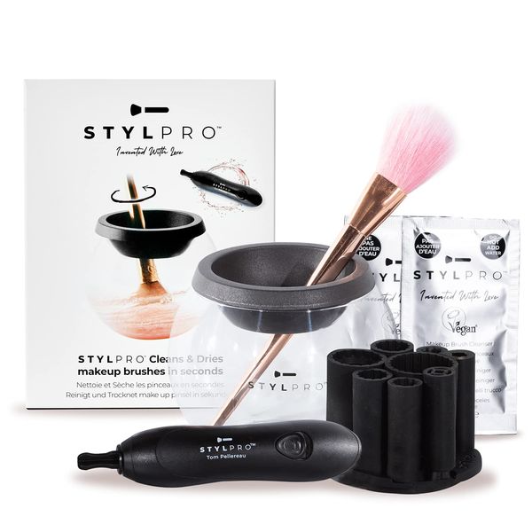 STYLPRO Original Gift Set Kit: Electric Makeup Brush Cleaner and Dryer Machine with 8 Brush Collars, Brush Cleanser - Fast, Automatic Spinning Brush Cleaner with Heat-Resistant Bowl