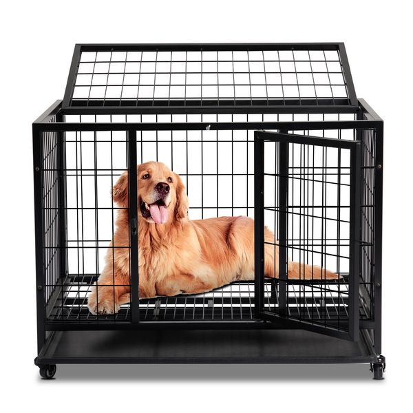 36" Heavy Duty Dog Crate Kennel Pet Playpen with Plastic Tray,Double Doors,Black