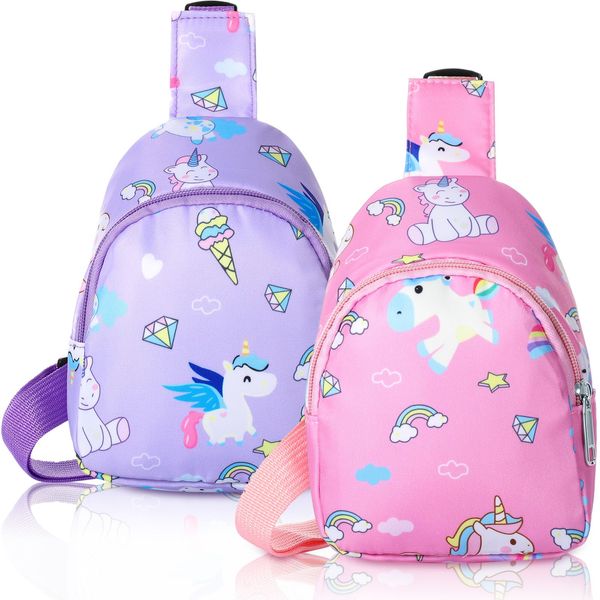 Cosblank 2 Pcs Small Kids Crossbody Bag Cute Kids Sling Bag Crossbody Shoulder Bag Nylon Cartoon Coin Purse for Travel Hiking (Purple Pink,Unicorn)