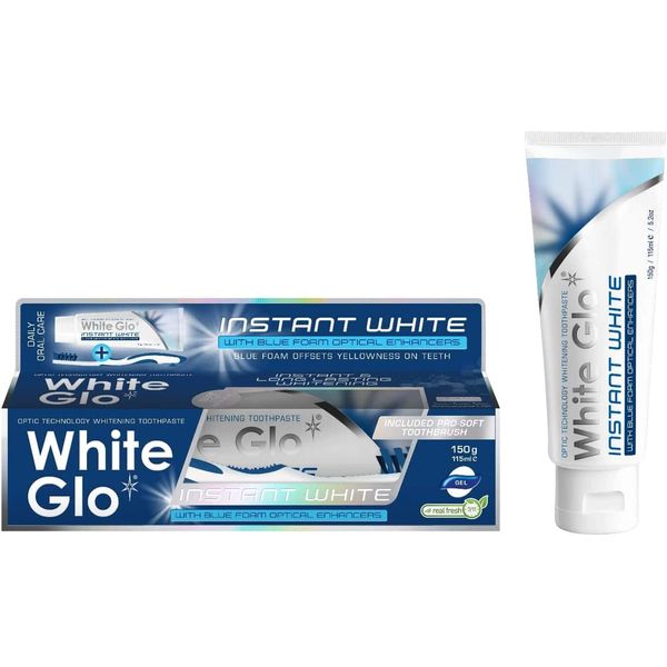 2 x White Glo Instant White Optic Technology Whitening Toothpaste + Toothbrush