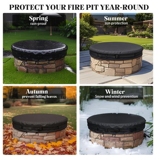 Fire Pit Cover Round for In Ground Firepit 51-56 Inch，Waterproofing Firepit Covers Patio Built In Stone Fire for Protection Against Rain and Snow (BLACK, 66“)