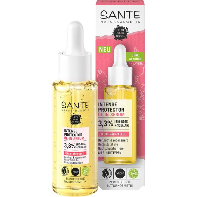 SANTE Naturkosmetik Serum mit Bio-Rose & Squalan, Sofort nährende Pflege für beruhigte, regenerierte Haut & ein weiches Hautgefühl, Vegan, Intense Protector Öl-In-Serum, 30 ml