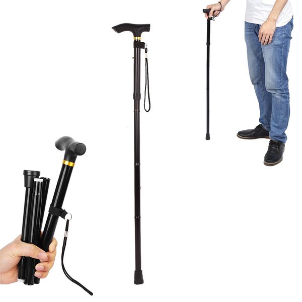 Folding Walking Stick, Adjustable Walking Stick, Aluminium Walking Cane, Flexible and Durable Walking Aid, Lightweight Walking Stick, Collapsible Walking Stick for Elderly Adults Men Women, Black