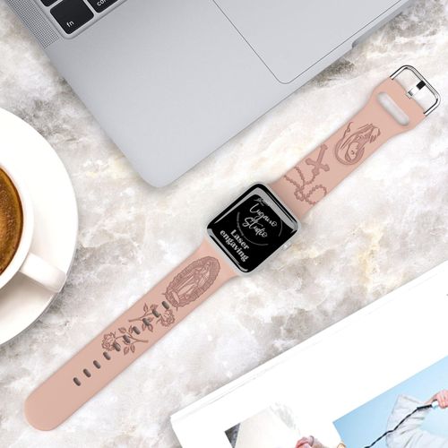 SuperLugano Virgin Mary with Cross Watch Band compatible with Apple Watch Laser Engraved iWatch Band Silicone Ultra 38mm 40mm 41mm 42mm 44mm 45mm 49mm Strap Jesus God (38/40/41mm S/M, Pink Sand)