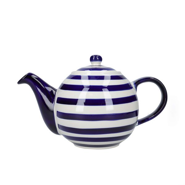 London Pottery JY18LT02 Out of the Blue Globe Teapot with Strainer, Stoneware, Navy Blue Stripe Design, 4 Cup (900 ml)