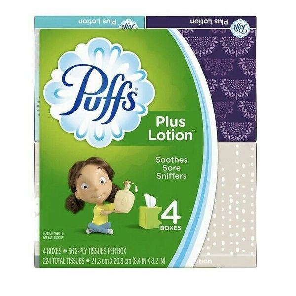 4 Cube Boxes - Puffs Plus Lotion Facial Tissues, 2-Ply, 56 Sheets/Box