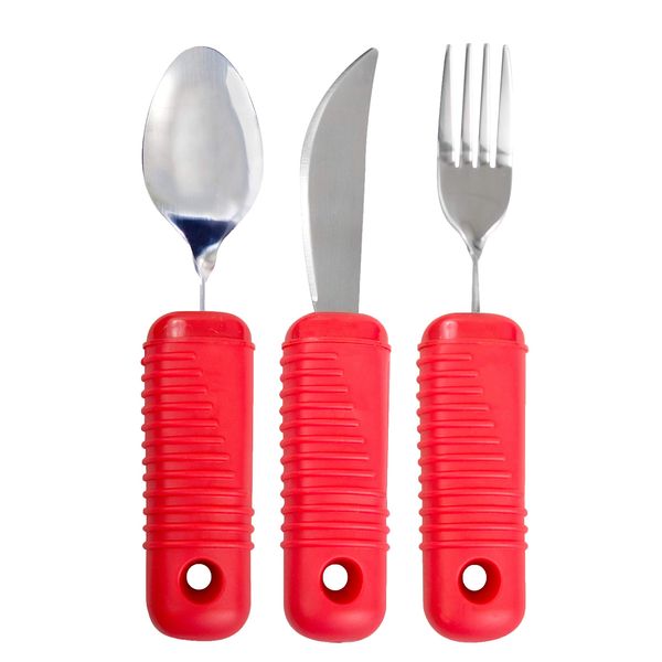 3 Piece Super Easy Grip Red Flatware Set - Bendable Built Up Large Fork, Knife, and Spoon