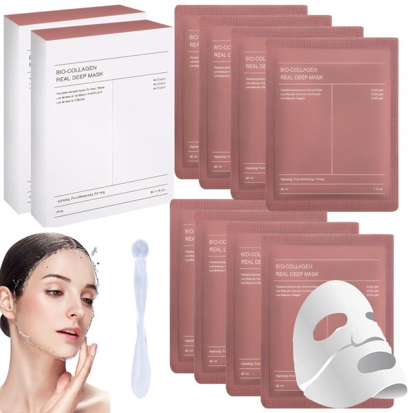 8 Stück Bio-Collagen Real Deep Mask, Collagen Mask Overnight Deep Collagen Mask Hydrating Overnight Face Mask für Alle Hauttypen Im Lieferumfang Ist 1 Massagestab Enthalten